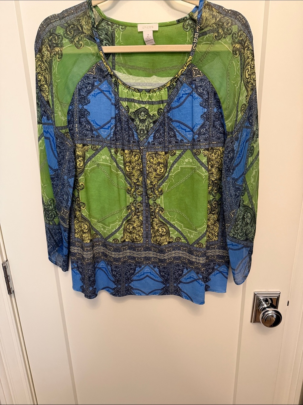 Chico's Green & Blue Printed Lightweight Scoop Neck Top